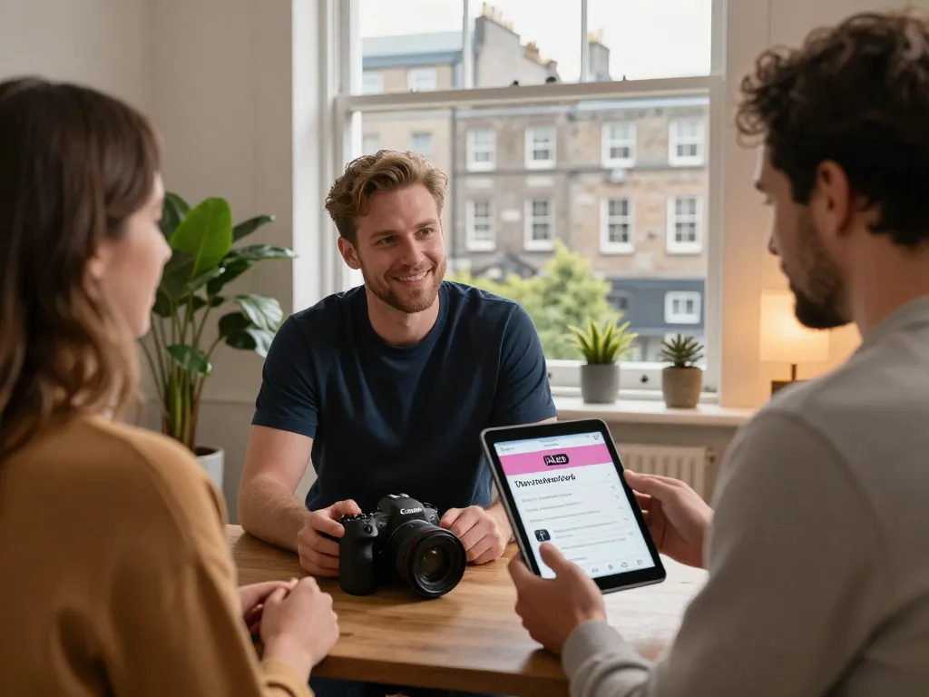 Engaging scene of airbnb management dublin, with a property manager consulting a homeowner in a cozy Dublin apartment.