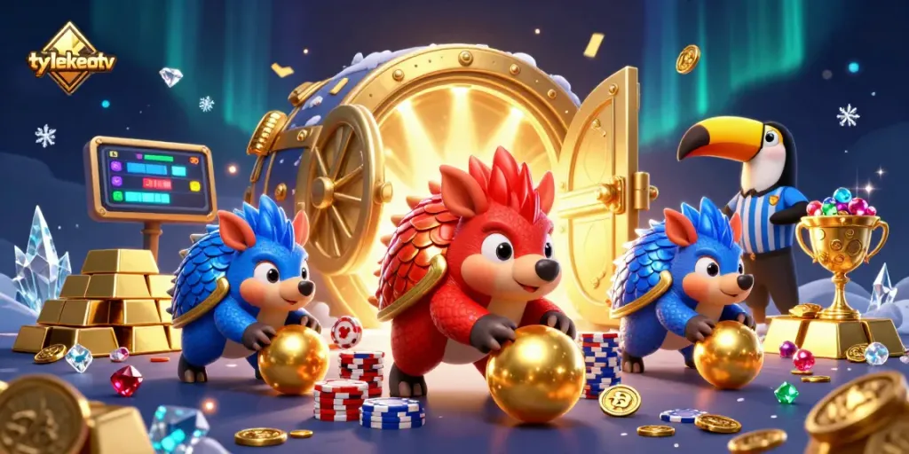 Engaging scene of rival pangolins competing in a golden ball game while celebrating the tylekeotv betting experience.