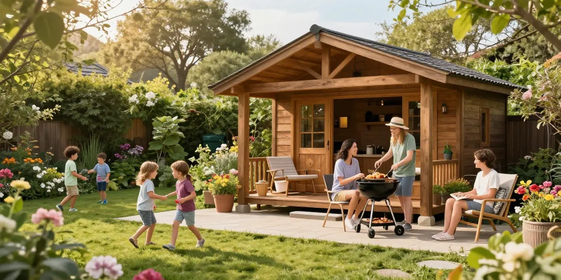 Gartenhäuser aus Holz umgeben von Blumen, Familie genießt BBQ im Garten, entspannte Atmosphäre.