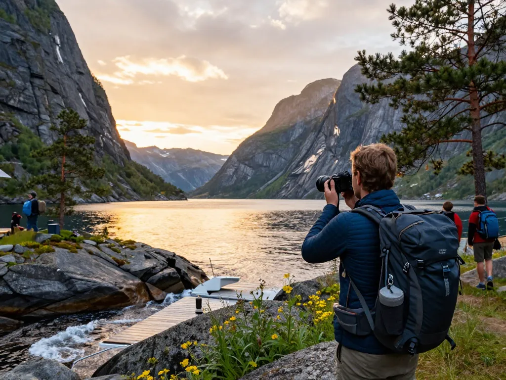 Erleben Sie atemberaubende Ausblicke, während Sie Urlaub in Skandinavien an Norwegens beeindruckenden Fjorden bei Sonnenuntergang genießen.