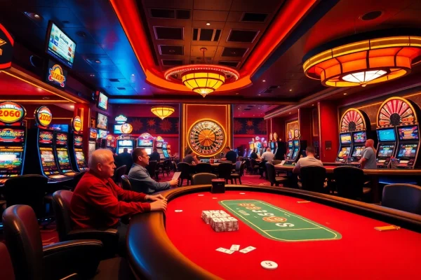 Players enjoying a game at NV Casino, highlighting vibrant atmosphere and exciting slot machines.