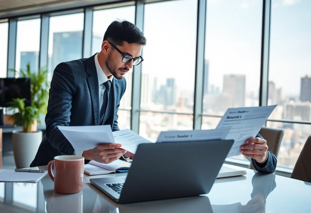 Headhunter IT reviewing job listings in a modern office with a city view.