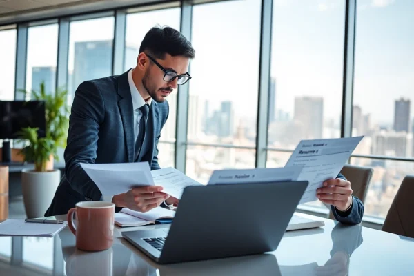 Headhunter IT reviewing job listings in a modern office with a city view.