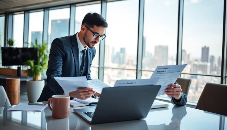 Headhunter IT reviewing job listings in a modern office with a city view.