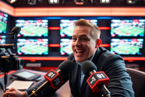 Engaging sports broadcasting atmosphere with a commentator and live game footage.