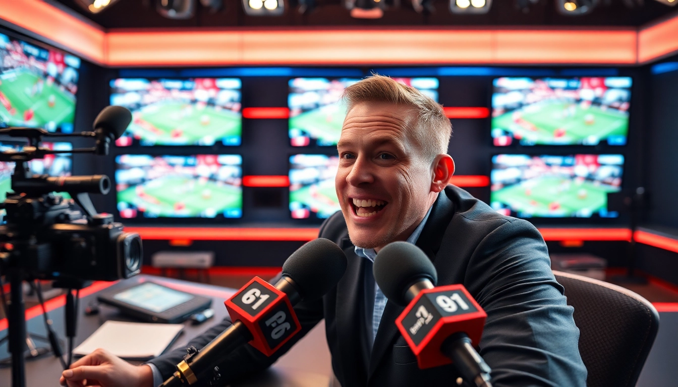 Engaging sports broadcasting atmosphere with a commentator and live game footage.