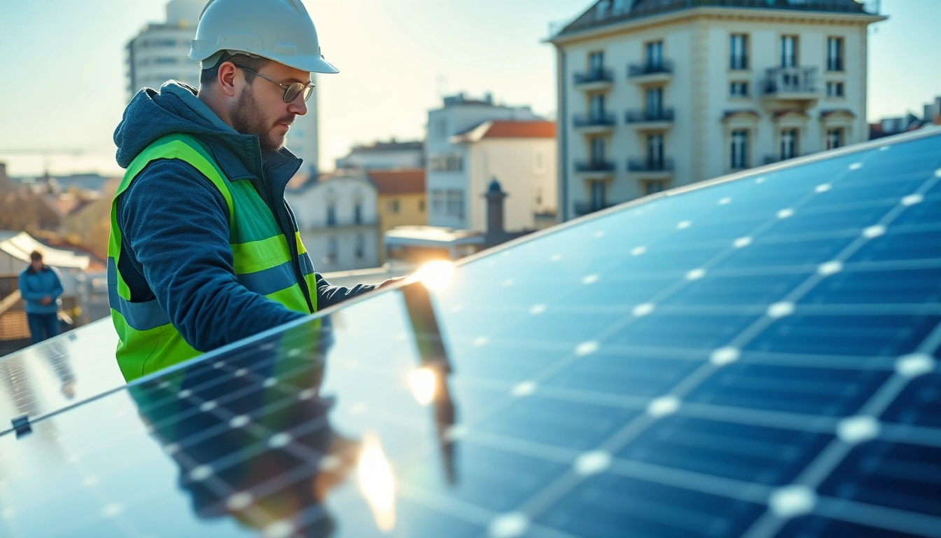 Pv anlagen wien installation with an expert technician on a sunny Viennese rooftop.