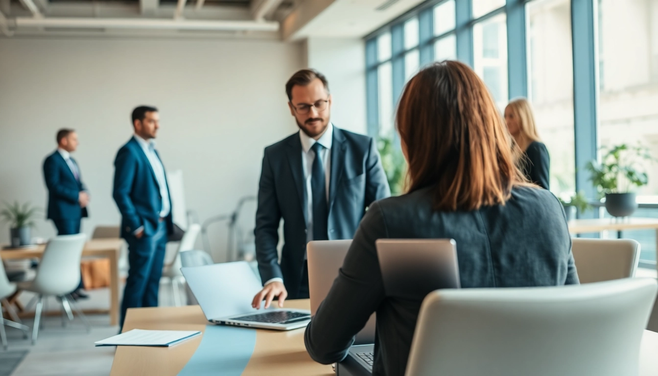 Headhunter Schweiz in einem professionellen Umfeld mit Kandidaten und Laptop.