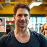 Transformation mit testo vorher nachher, Fitnesscoach motiviert im Fitnessstudio.
