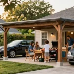 Moderne Carport-Außenansicht mit Familie, die im Garten grillt.