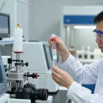 Kohlenmonoxid kaufen in einem modernen Labor mit Chemiker, der Gasproben analysiert.