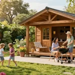 Gartenhäuser aus Holz umgeben von Blumen, Familie genießt BBQ im Garten, entspannte Atmosphäre.